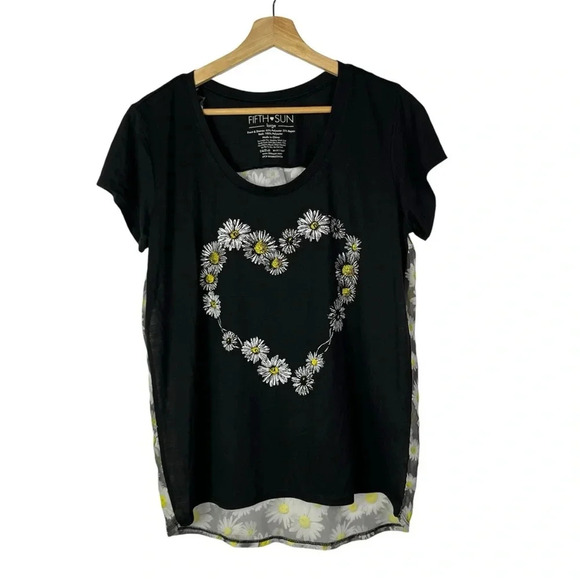 Fifth Sun Black Sunflower Heart Short Sleeve Top L - Picture 1 of 4
